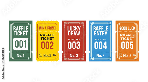 Collection of five raffle tickets with numbers 001 to 005 isolated