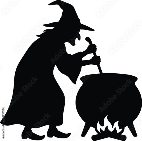 Obraz na płótnie Witch stirring silhouette vector. Witch brew vector icon