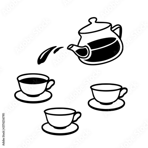 紅茶をティーカップに注ぐ　シンプルモノクロイラスト