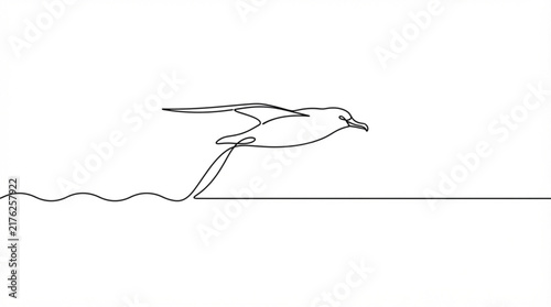Sea bird flying over ocean waves continuous line art vector