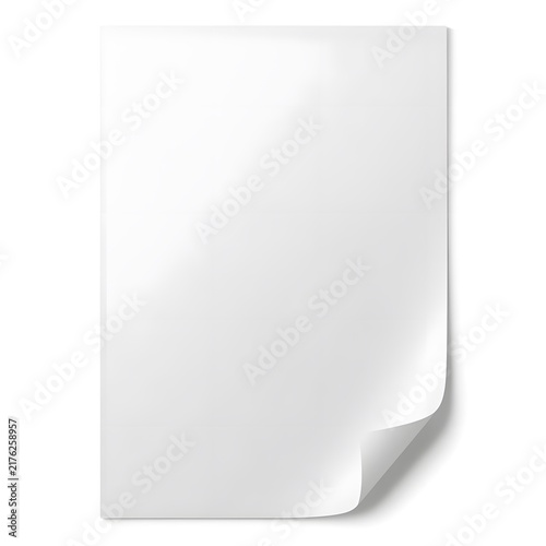 Blank White Sheet of Paper with Curled Corner Isolated on White Background