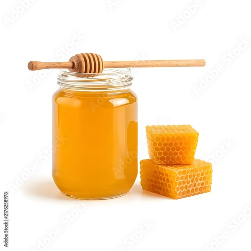 Glass Jar of Natural Honey with Honeycomb and Wooden Dipper