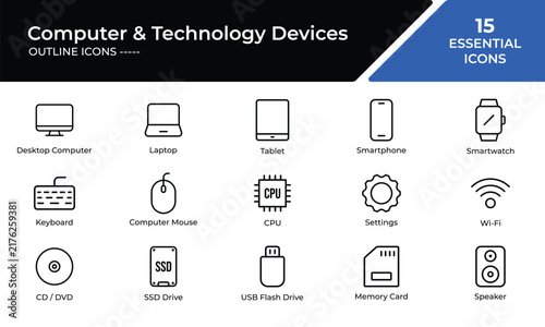 Computer and technology devices outline icons collection for modern digital interfaces, web design, mobile applications, hardware, and user experience design.