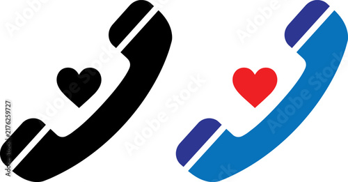 Vector illustration of Telephone handset icon with heart symbol, blue and black phone receiver vector set, customer care and dating hotline graphics isolated on Transparent Background
