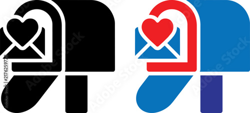 Vector illustration of Valentine mailbox icon set with love letter, romantic postal mail vector, red heart envelope in blue and black postbox isolated on Transparent Background