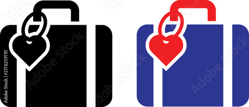 Vector illustration of Travel suitcase icons with heart luggage tags, romantic honeymoon vacation baggage vectors, blue and black holiday suitcases isolated on Transparent Background