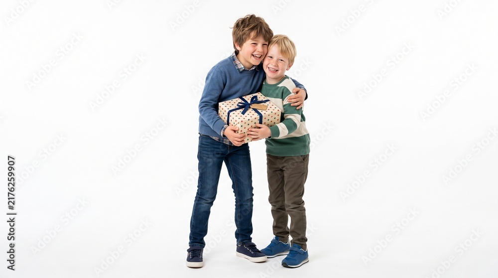 Fototapeta premium Two happy brothers hugging and holding a gift box together on a white background