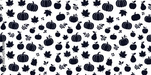 Foto Seamless pattern with hand drawn black pumpkins and autumn leaves on a white bac