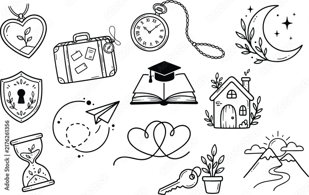 Fototapeta premium Mystical Hand-Drawn Doodle Line Art Vector Collection with Pocket Watch Crescent Moon Suitcase Lock and Botanical Symbols