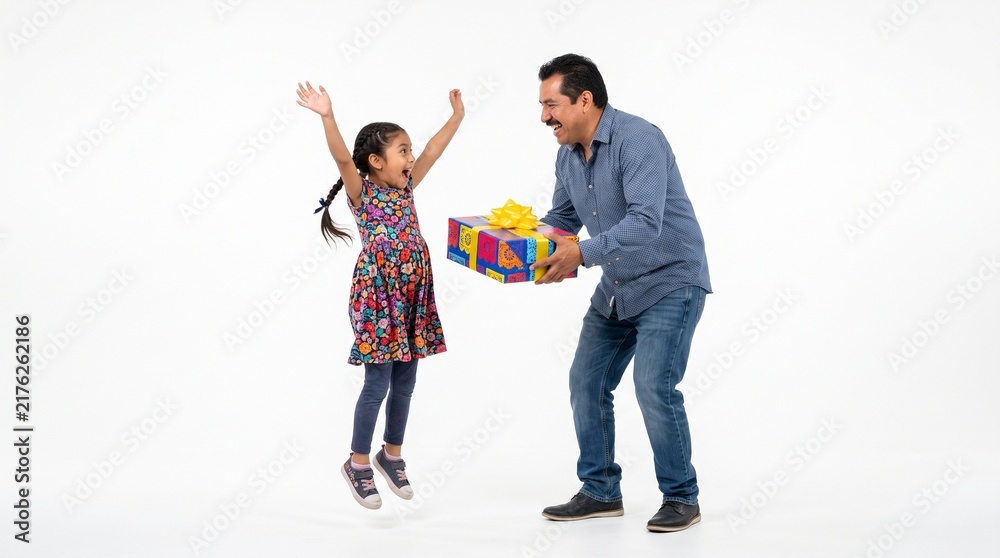 Fototapeta premium Father surprises excited daughter with a colorful gift, she jumps with joy