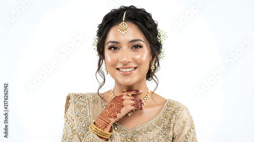 Portrait of a radiant and smiling South Asian woman dressed as a traditional bride in an elegant champagne gold lehenga with intricate silver and gold embroidery. 
