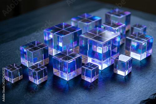 Shiny blue glass cubes arranged in a modern geometric pattern