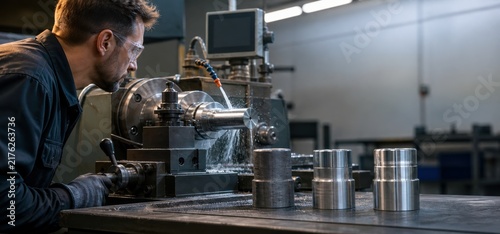 Machinist monitoring precision metal turning operation on a lathe