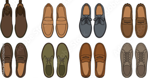 Принти на полотні Men casual footwear vector set with top view of loafers moccasins boots and leat