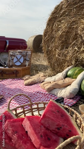 Summer Picnic Near Hay Bale With Open Book And Suitcase Video