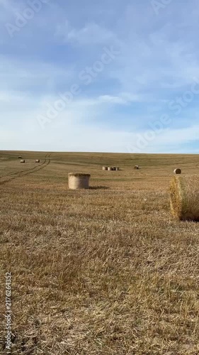 Hay Bales On Stubble Field Under Blue Sky Video