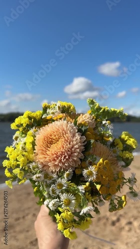 Beautiful Wildflower Bouquet At River Beach Video