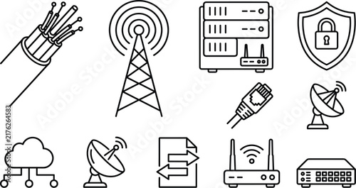 Telecommunication and network infrastructure thin line icon set with fiber optic cable server router satellite cloud computing vector illustration
