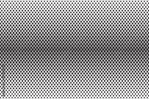 Pattern with repeated vanishing diamond shapes. Black rhombus on white background with halftone effect. Simple geometric mosaic texture. Rhombic minimalistic print. Vector graphic illustration