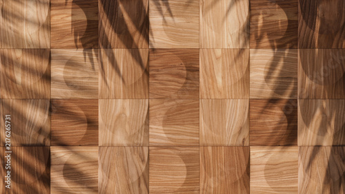 Wood panels pattern, empty wall background showroom with copyspace. Vegetation Shadows add shapes and details. Close up