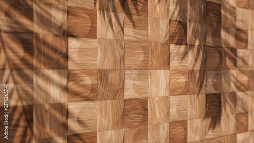 Wood panel shows a unique pattern on an empty wall in a showroom. Shadows from plants create texture and depth in the space