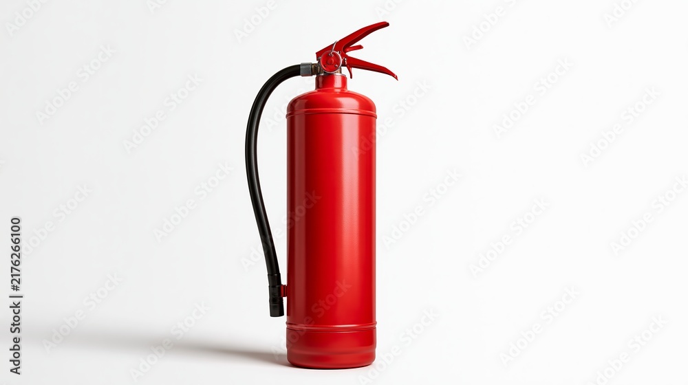 Obraz premium Red fire extinguisher with black hose standing against a white wall safety equipment fire protection emergency equipment fire fighting safety gear red canister cylinder