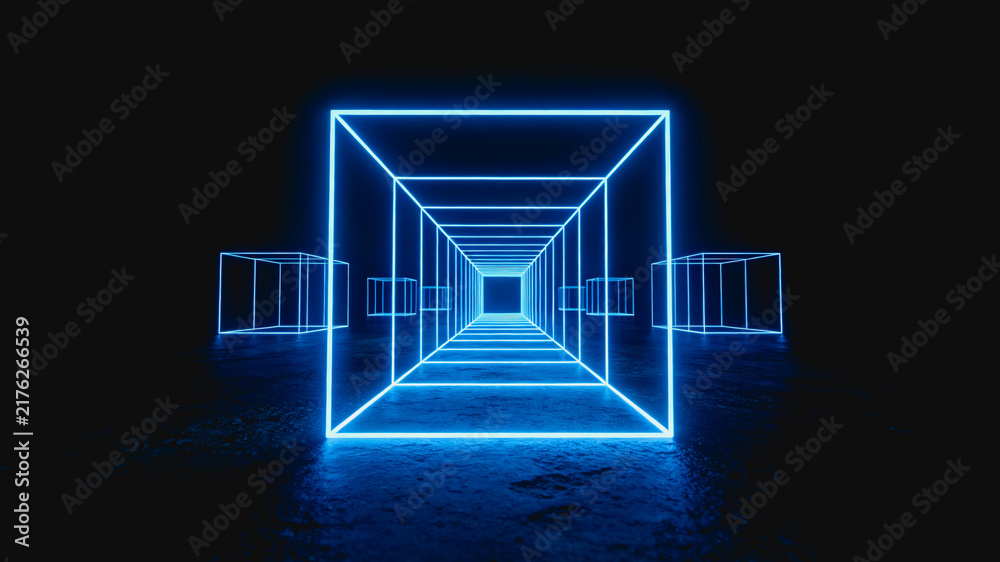 Obraz premium A glowing blue wireframe cube tunnel in dark space, creating a futuristic abstract geometric visual effect.