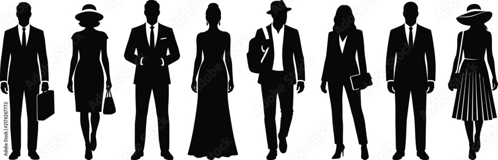Fototapeta premium Elegant fashion people silhouettes set, stylish men women standing poses, vector illustration collection