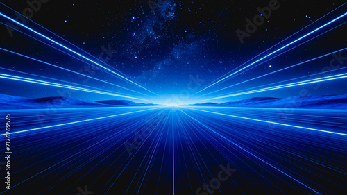 A futuristic digital scene with glowing blue light rays converging toward a bright horizon, set against a starry night sky with distant low hills.