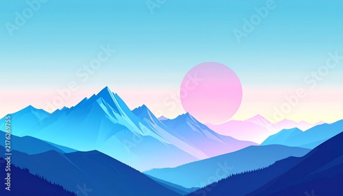 Serene minimalist vector landscape depicting peaceful blue mountain peaks under a radiant pink sun in a clean geometric style