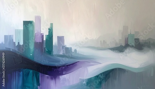 Abstract digital painting of a futuristic city skyline emerging from misty teal and purple waves, modern urban landscape illustration