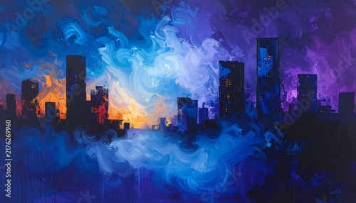 Abstract City Skyline Illuminated by a Breathtaking Swirl of Luminous Blue, Purple, and Orange Nebula Colors