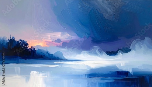Abstract blue winter landscape painting with frozen lake and cloudy sunset sky
