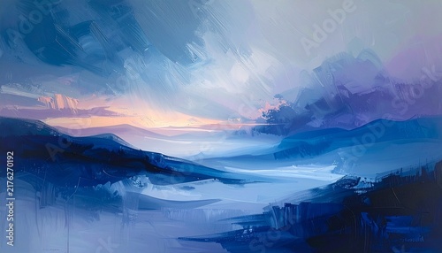 Ethereal Abstract Mountain Landscape at Sunrise with Deep Blue Hues and Soft Purple Clouds in a Painterly Digital Art Style Artistic Scenery