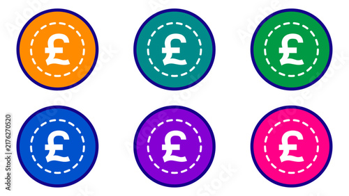 British Pound Flat Badge Icon Set with Dashed Border in Six Colors