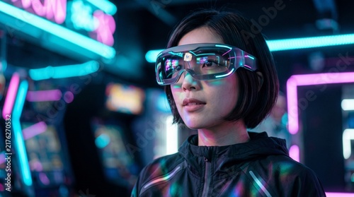 Asian woman wearing futuristic VR glasses in a neon cyberpunk arcade gaming environment