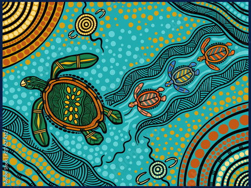 Australian Aboriginal sea turtle vector illustration with cyan dot art