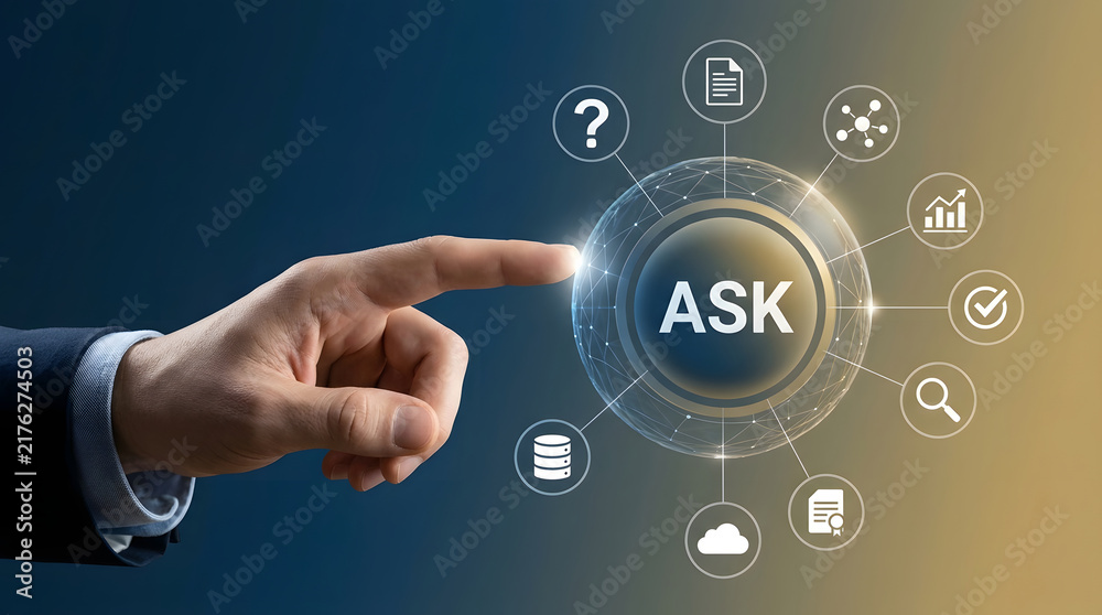 Obraz premium Ask support, help and finger pointing at digital button for customer service. Person, helpdesk and online information with icons for assistance, faq and web inquiry for contact or expert guidance