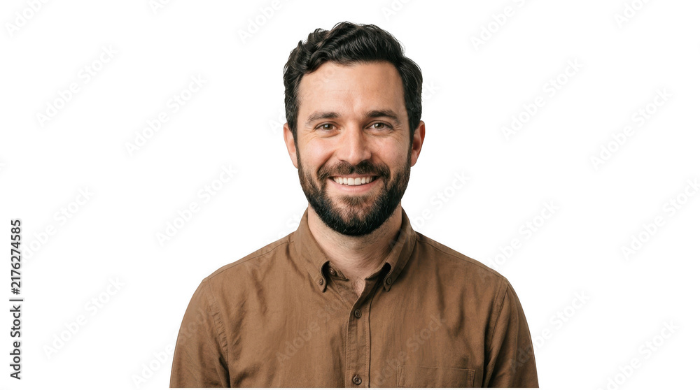 Obraz premium Portrait of a smiling bearded man in a brown shirt isolated on a white background