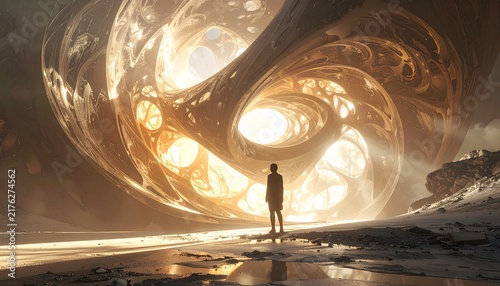 Man Gazing at a Cosmic Swirling Portal of Light.