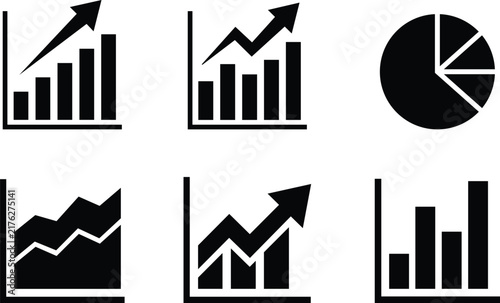 Set of black business chart and graph icons representing financial growth and data analysis for professional reports