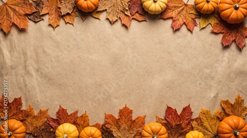 Vibrant autumn leaves and mini pumpkins frame a rustic brown paper background, perfect for fall designs.