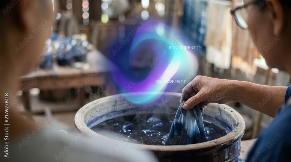 Fototapeta premium Person dipping cloth into dark liquid with futuristic brand identity development visual overlay