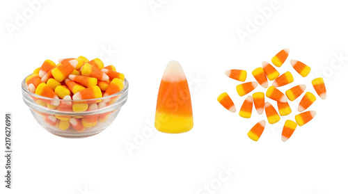 Set of 3 isolated Halloween candy corn pieces and bowl elements, holiday sweets