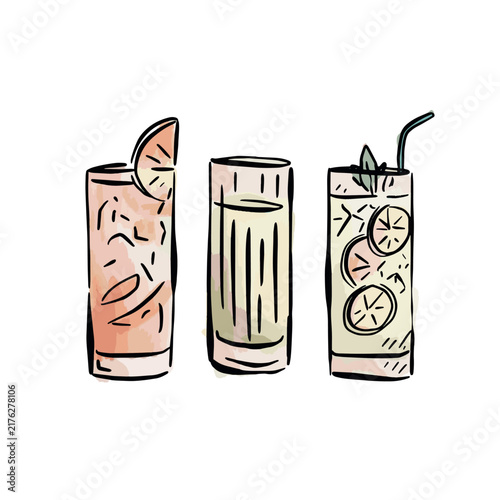Three long glasses in different styles; one with orange segment garnish, one with a straw and ice.