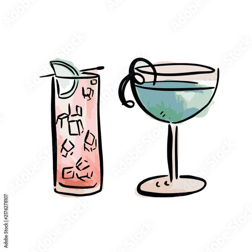 Two individual vectors of hand drawn watercolour cocktails, one as a blue drink in martini glass and another red long drink with lemon garnish with ice.
