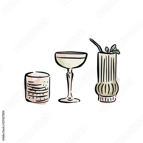 Three individual vector files, hand drawn in watercolour style. Cocktail illustrations; one short glass, one coupe glass and a long glass with decorative elements and garnish.