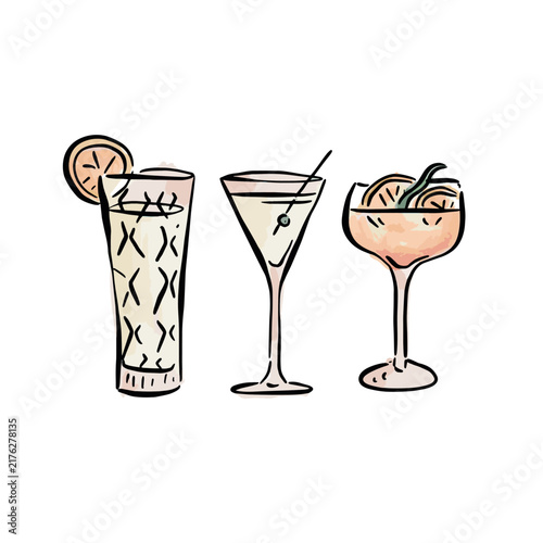 A selection of three individual cocktail illustrations, all hand drawn with a coloured watercolour wash. A long glass with orange garnish, martini and coupe glass.