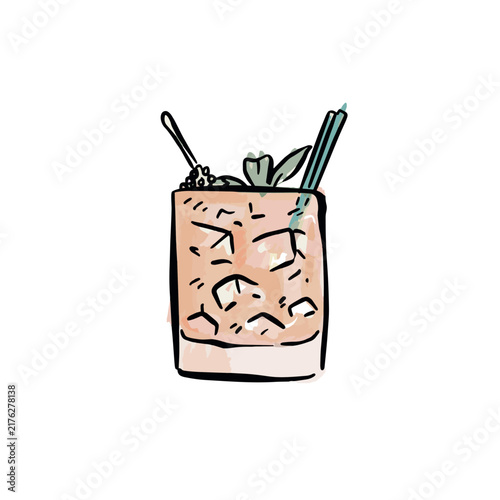 A hand drawn watercolour illustration of an orange cocktail in a short glass.