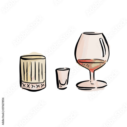 Three different styles of drinks, hand drawn in watercolour style. A wide whiskey glass, shot glass and short cut glass.